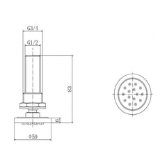 [BB9335] Balterley Bathroom Adjustable Round Body Jet Solid Brass Construction, 10.5 cm Diameter - Chrome Finish - Technical Drawing