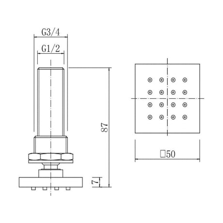 [BB9336] Modern Square Body Jet - Chrome - Technical Drawing
