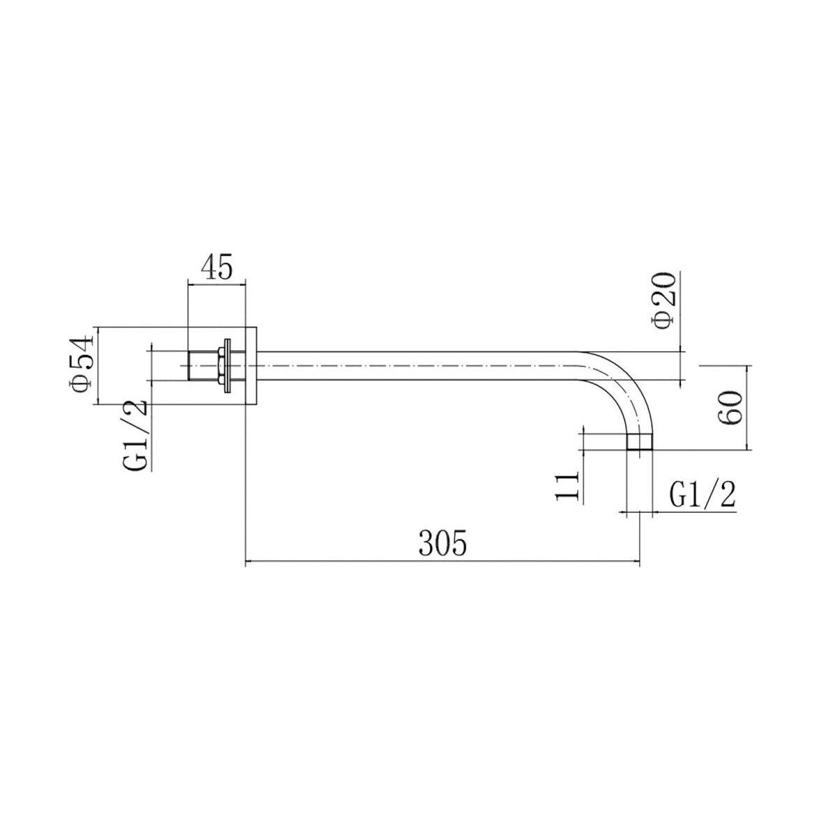 [BB9340BL] Balterley Modern Bathroom Wall Mounted Round Shower Arm Durable Stainless Steel Construction, 305mm - Matt Black Finish - Technical Drawing