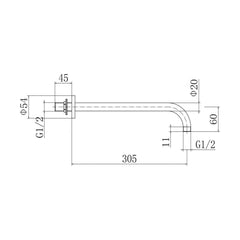 [BB9340BL] Balterley Modern Bathroom Wall Mounted Round Shower Arm Durable Stainless Steel Construction, 305mm - Matt Black Finish - Technical Drawing