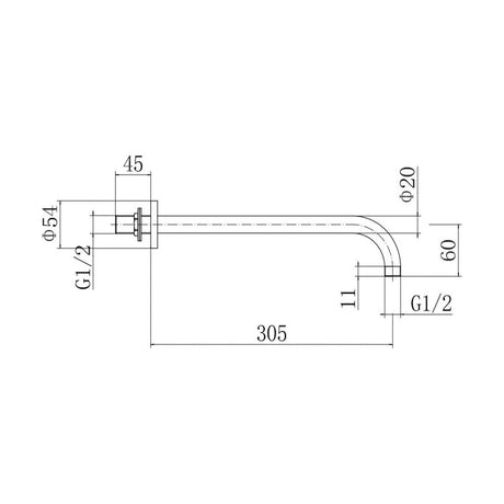 [BB9340BL] Balterley Modern Bathroom Wall Mounted Round Shower Arm Durable Stainless Steel Construction, 305mm - Matt Black Finish - Technical Drawing