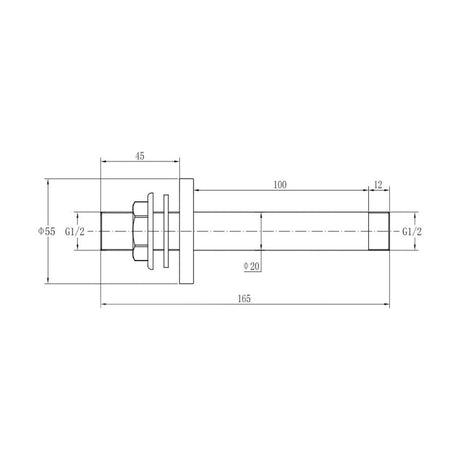 [BB9347BL] Balterley Modern Bathroom Round Ceiling Mounted Shower Arm Durable Brass Construction, 100mm - Matt Black Finish - Technical Drawing