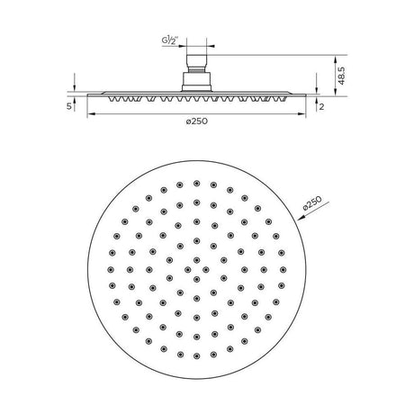 [BB9390] Balterley Deluxe Round Fixed Ultra Thin Slimline Shower Head Durable Stainless Steel, 250x250mm - Chrome Finish - Technical Drawing