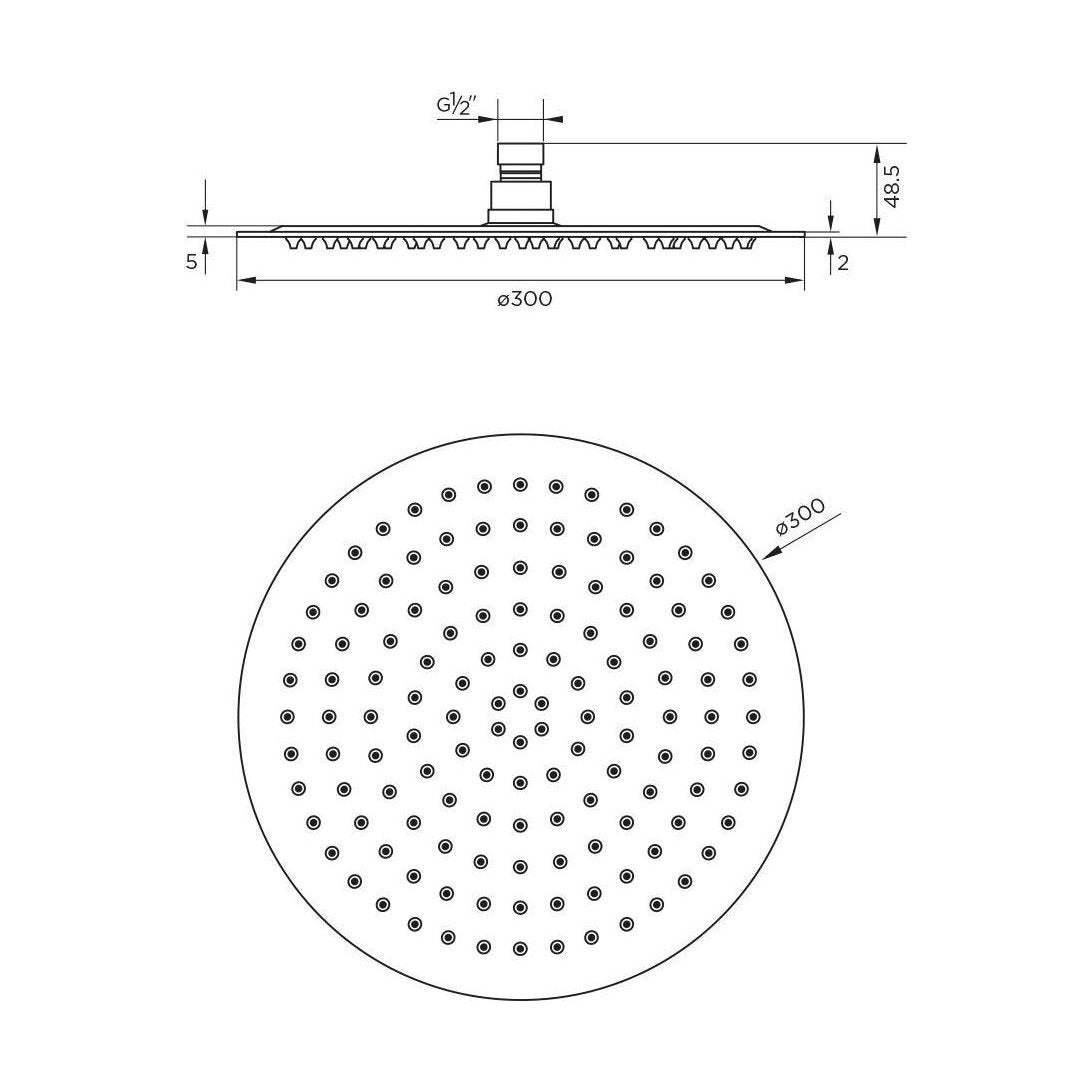 [BB9392] Modern Slimline 12” Round Fixed Shower Head - Chrome, 300mm - Technical Drawing