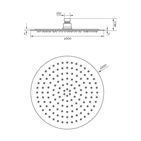 [BB9392] Modern Slimline 12” Round Fixed Shower Head - Chrome, 300mm - Technical Drawing