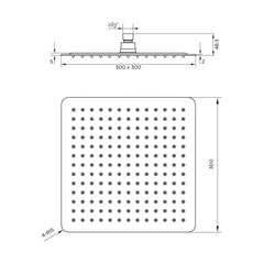 [BB9393] Balterley Deluxe Square Fixed Ultra Thin Slimline Shower Head Durable Stainless Steel Construction, 300x300mm - Chrome Finish - Technical Drawing