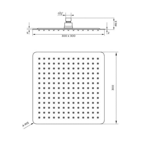 [BB9393] Balterley Deluxe Square Fixed Ultra Thin Slimline Shower Head Durable Stainless Steel Construction, 300x300mm - Chrome Finish - Technical Drawing