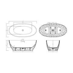 [BBA001] Balterley Parwich Freestanding Luxury Oval Double Ended Bath, 1690 x 800mm - Gloss White - Technical Drawing
