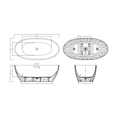 [BBA001] Balterley Parwich Freestanding Luxury Oval Double Ended Bath, 1690 x 800mm - Gloss White - Technical Drawing