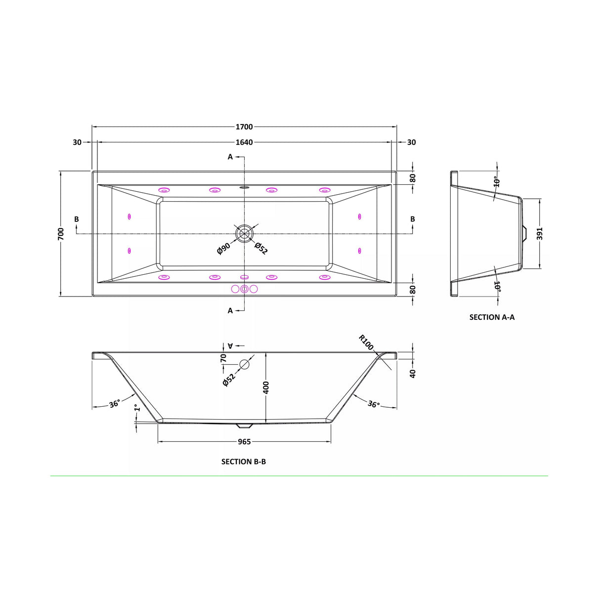 [BBA209-J12] Balterley Modern Square Double Ended Straight Whirlpool Bath with 12 Chrome Jets and Leg Set, 1700 x 700mm - Technical Drawing