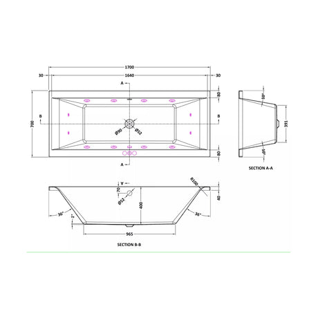 [BBA209-J12] Balterley Modern Square Double Ended Straight Whirlpool Bath with 12 Chrome Jets and Leg Set, 1700 x 700mm - Technical Drawing