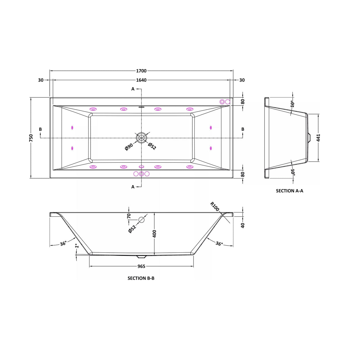 [BBA210-J12] Contemporary Square Double Ended Straight Whirlpool Bath, 12 Chrome Jets and Leg Set, Choice of Size - Technical Drawing