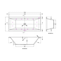 [BBA210-J12] Contemporary Square Double Ended Straight Whirlpool Bath, 12 Chrome Jets and Leg Set, Choice of Size - Technical Drawing