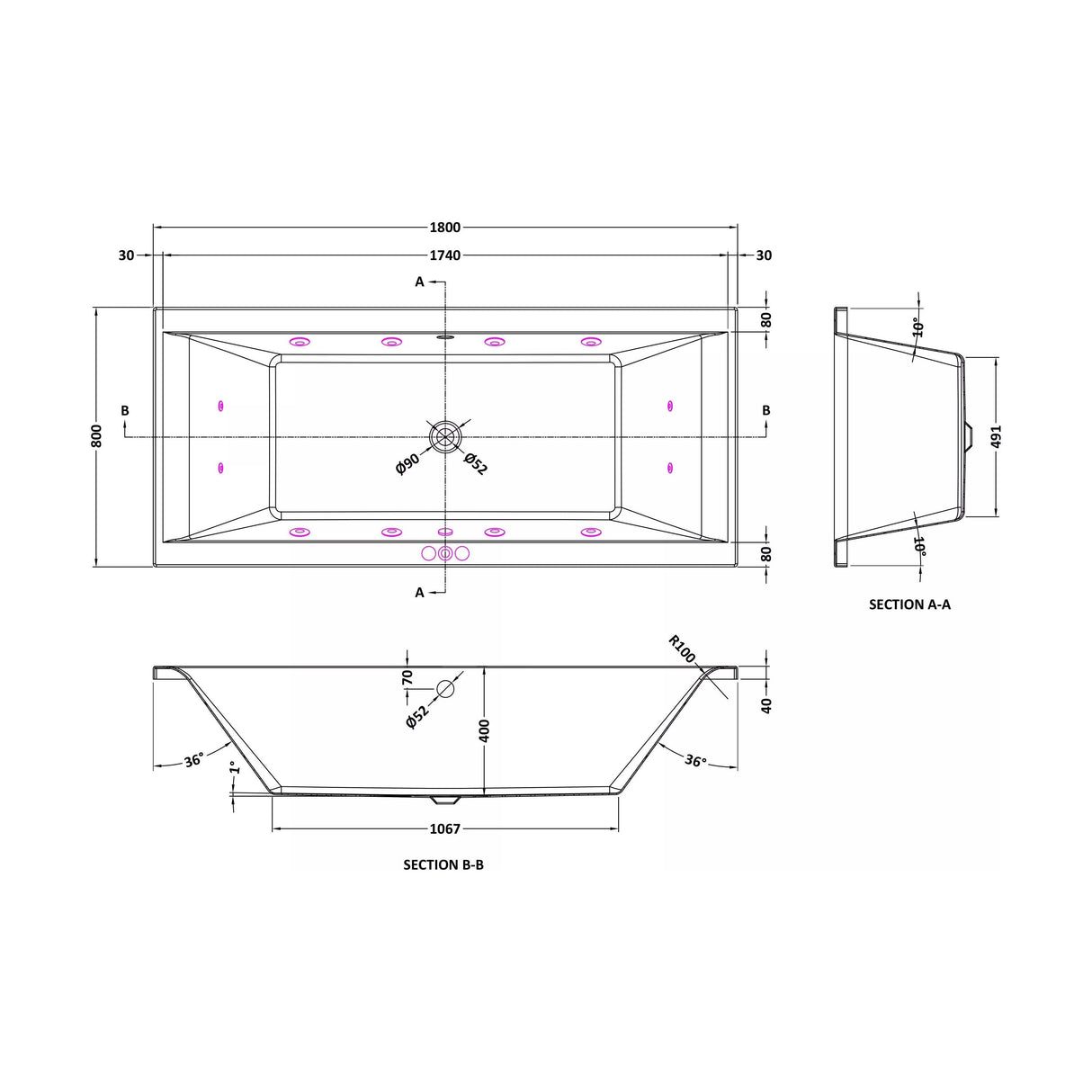 [BBA214-J12] Contemporary Square Double Ended Straight Whirlpool Bath, 12 Chrome Jets and Leg Set, Choice of Size - Technical Drawing