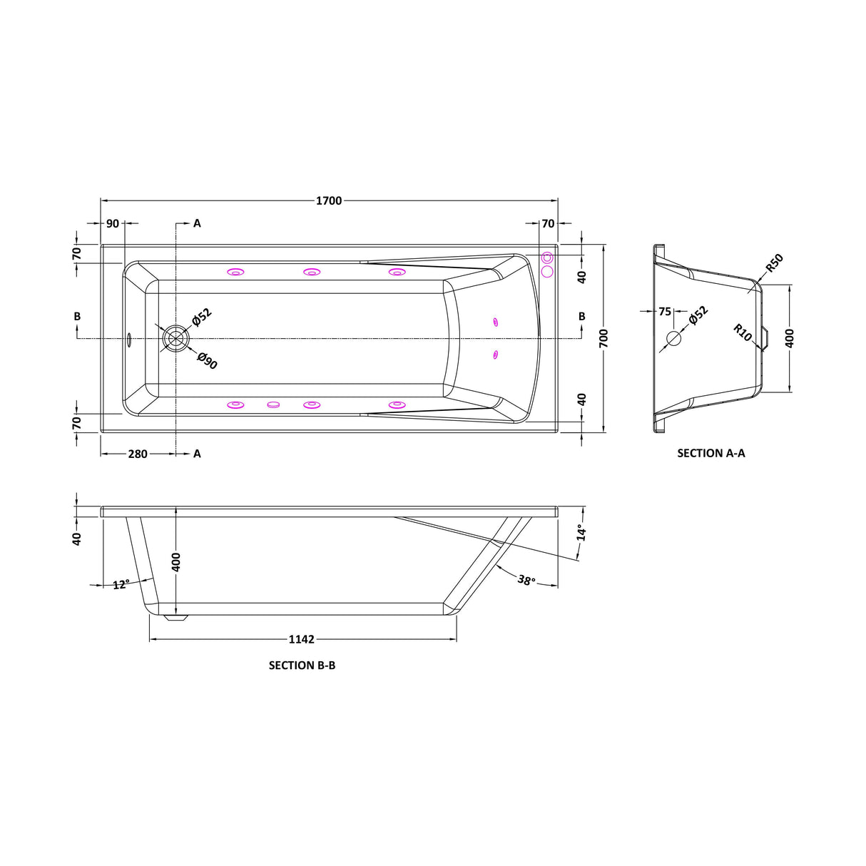 [BBA409-J8] Balterley Modern Square Single Ended Straight Whirlpool Bath with 8 Chrome Jets and Leg Set 1700 x 700mm - Technical Drawing
