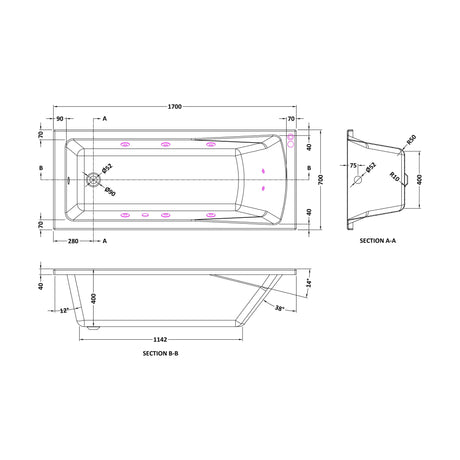 [BBA409-J8] Balterley Modern Square Single Ended Straight Whirlpool Bath with 8 Chrome Jets and Leg Set 1700 x 700mm - Technical Drawing