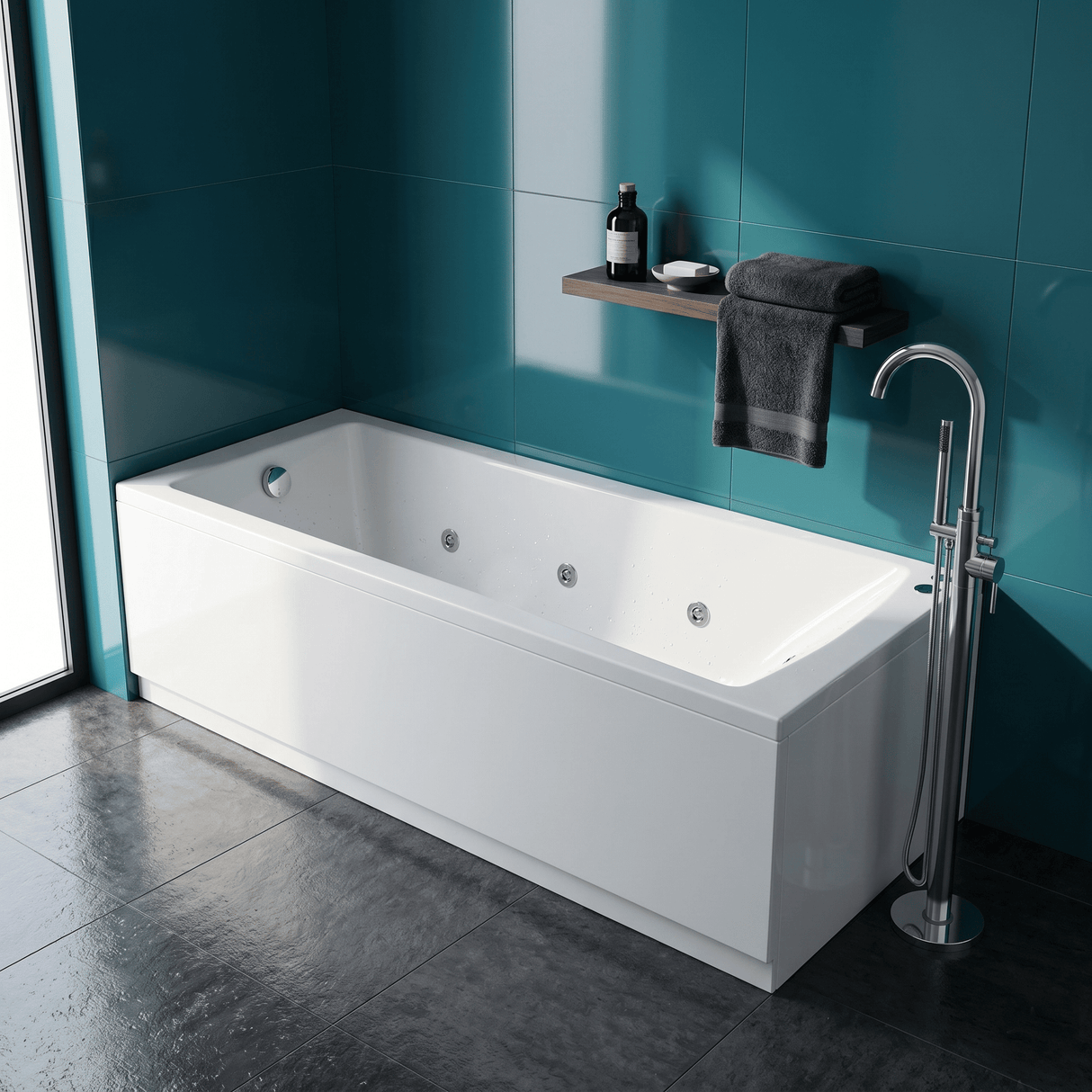 [BBA409-J8] Contemporary Square Single Ended Straight Whirlpool Bath, 8 Chrome Jets and Leg Set, Choice of Size