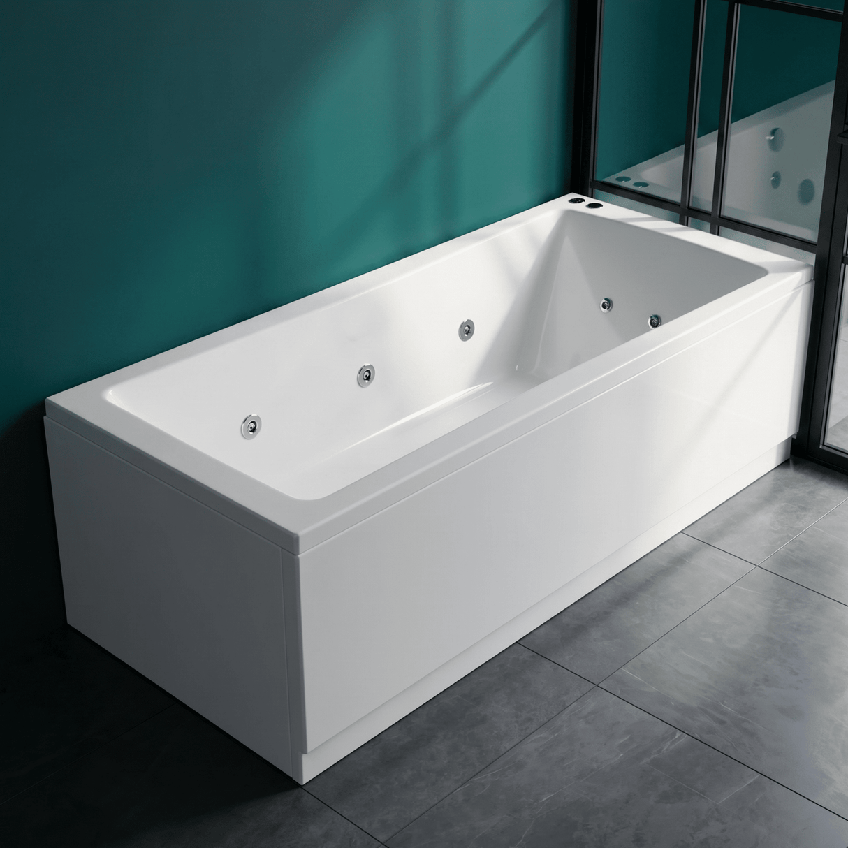 [BBA409-J8] Contemporary Square Single Ended Straight Whirlpool Bath, 8 Chrome Jets and Leg Set, Choice of Size