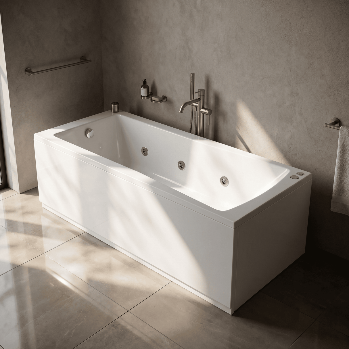 [BBA409-J8] Contemporary Square Single Ended Straight Whirlpool Bath, 8 Chrome Jets and Leg Set, Choice of Size