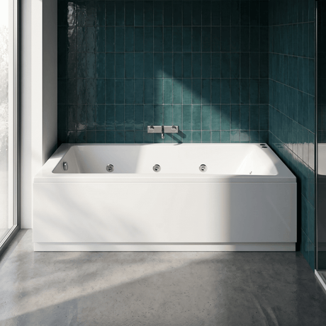 [BBA409-J8] Contemporary Square Single Ended Straight Whirlpool Bath, 8 Chrome Jets and Leg Set, Choice of Size - Silo