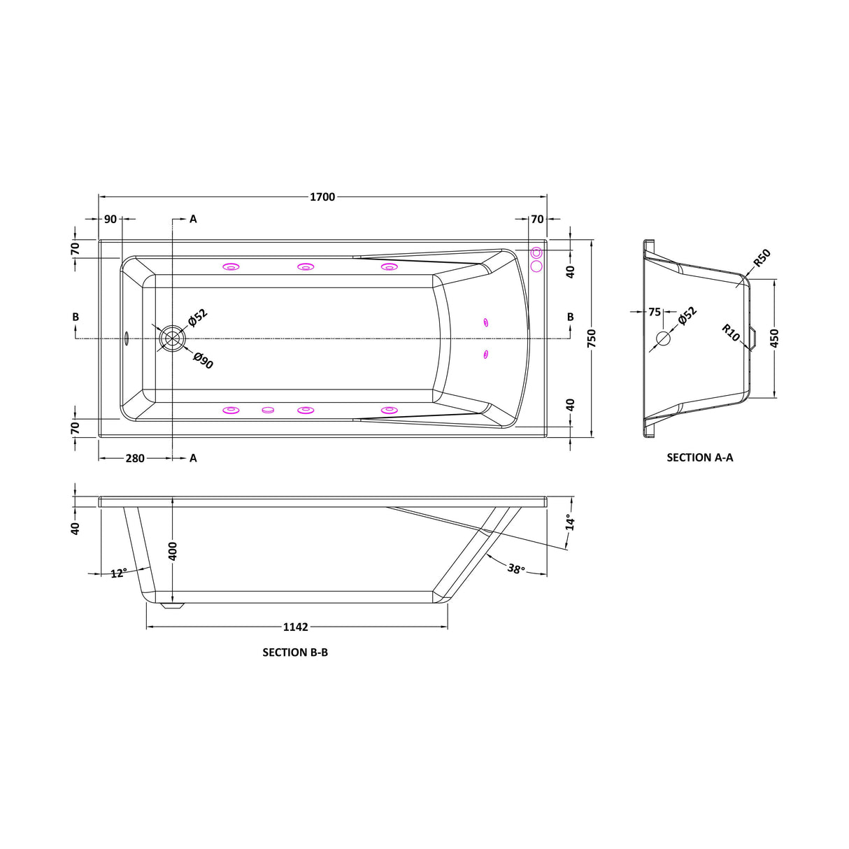 [BBA410-J8] Balterley Modern Square Single Ended Straight Whirlpool Bath with 8 Chrome Jets and Leg Set, 1700 x 750mm - Technical Drawing
