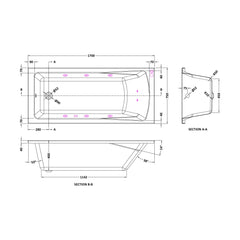 [BBA410-J8] Balterley Modern Square Single Ended Straight Whirlpool Bath with 8 Chrome Jets and Leg Set, 1700 x 750mm - Technical Drawing