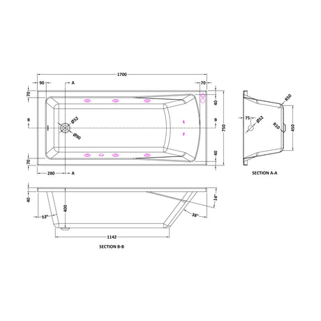 [BBA410-J8] Balterley Modern Square Single Ended Straight Whirlpool Bath with 8 Chrome Jets and Leg Set, 1700 x 750mm - Technical Drawing