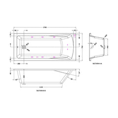 [BBA410-J8] Contemporary Square Single Ended Straight Whirlpool Bath, 8 Chrome Jets and Leg Set, Choice of Size - Technical Drawing