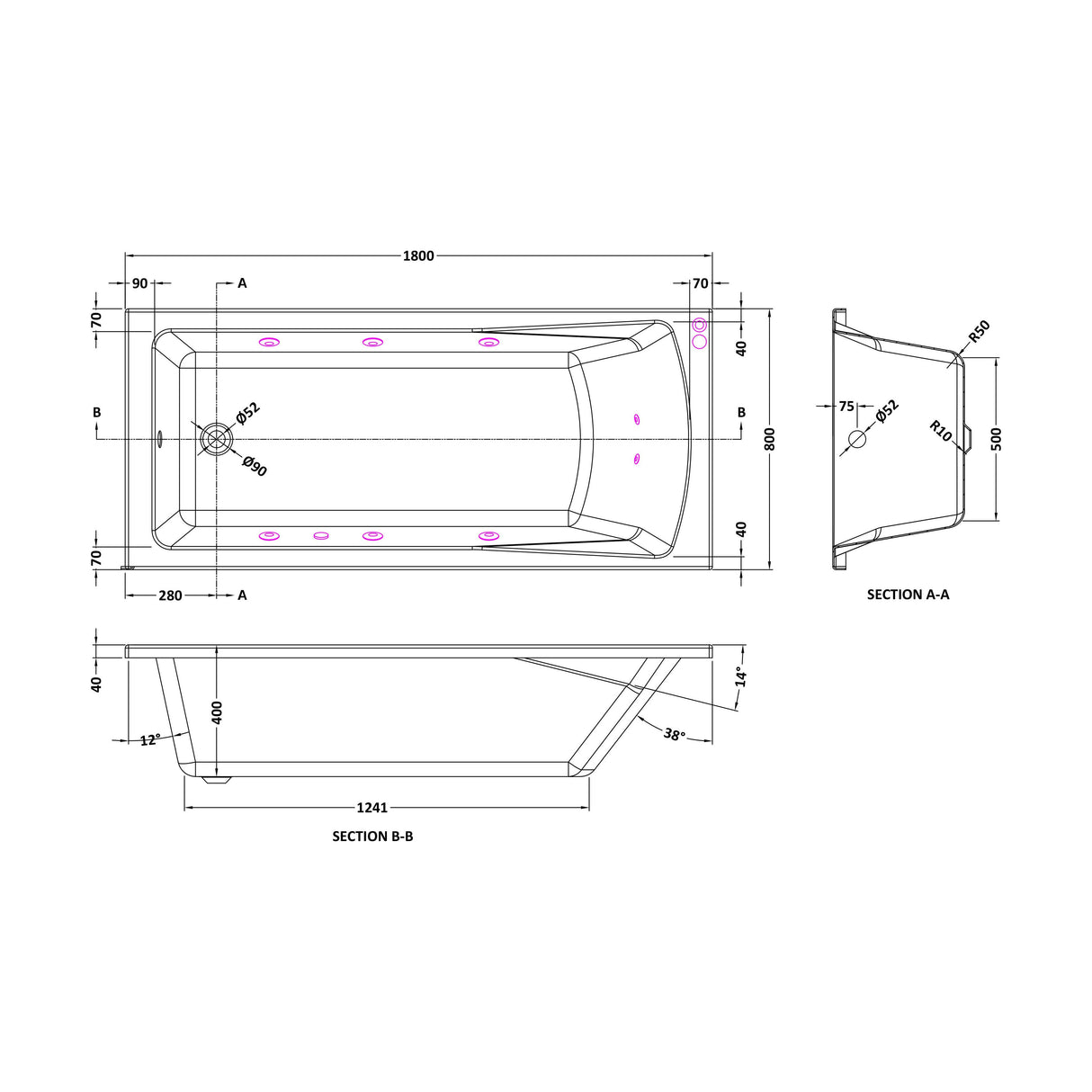 [BBA414-J8] Balterley Modern Square Single Ended Straight Whirlpool Bath with 8 Chrome Jets and Leg Set, 1800 x 800mm - Technical Drawing