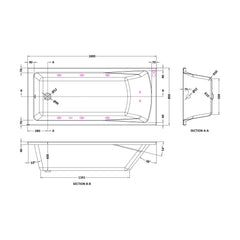 [BBA414-J8] Balterley Modern Square Single Ended Straight Whirlpool Bath with 8 Chrome Jets and Leg Set, 1800 x 800mm - Technical Drawing