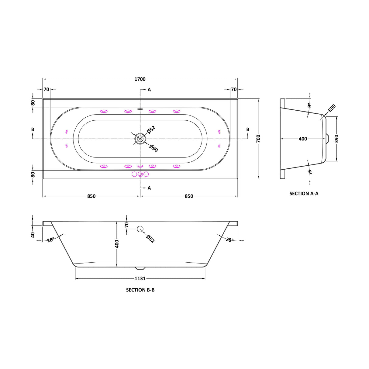 [BBA509-J12] Balterley Modern Round Double Ended Whirlpool Bath with 12 Chrome Jets and Leg Set, 1700 x 700mm - Technical Drawing