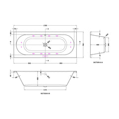 [BBA509-J12] Balterley Modern Round Double Ended Whirlpool Bath with 12 Chrome Jets and Leg Set, 1700 x 700mm - Technical Drawing