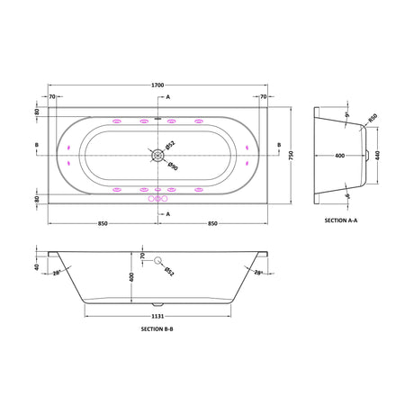 [BBA510-J12] Balterley Modern Round Double Ended Whirlpool Bath with 12 Chrome Jets and Leg Set, 1700 x 750mm - Technical Drawing