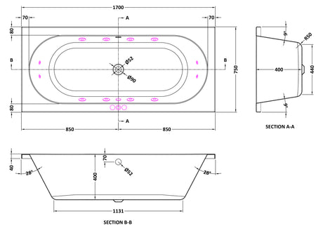 Balterley Modern Round Double Ended Whirlpool Bath with 12 Chrome Jets and Leg Set, 1700 x 750mm
