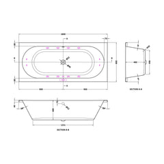 [BBA514-J12] Balterley Modern Round Double Ended Whirlpool Bath with 12 Chrome Jets and Leg Set, 1800 x 800mm - Technical Drawing