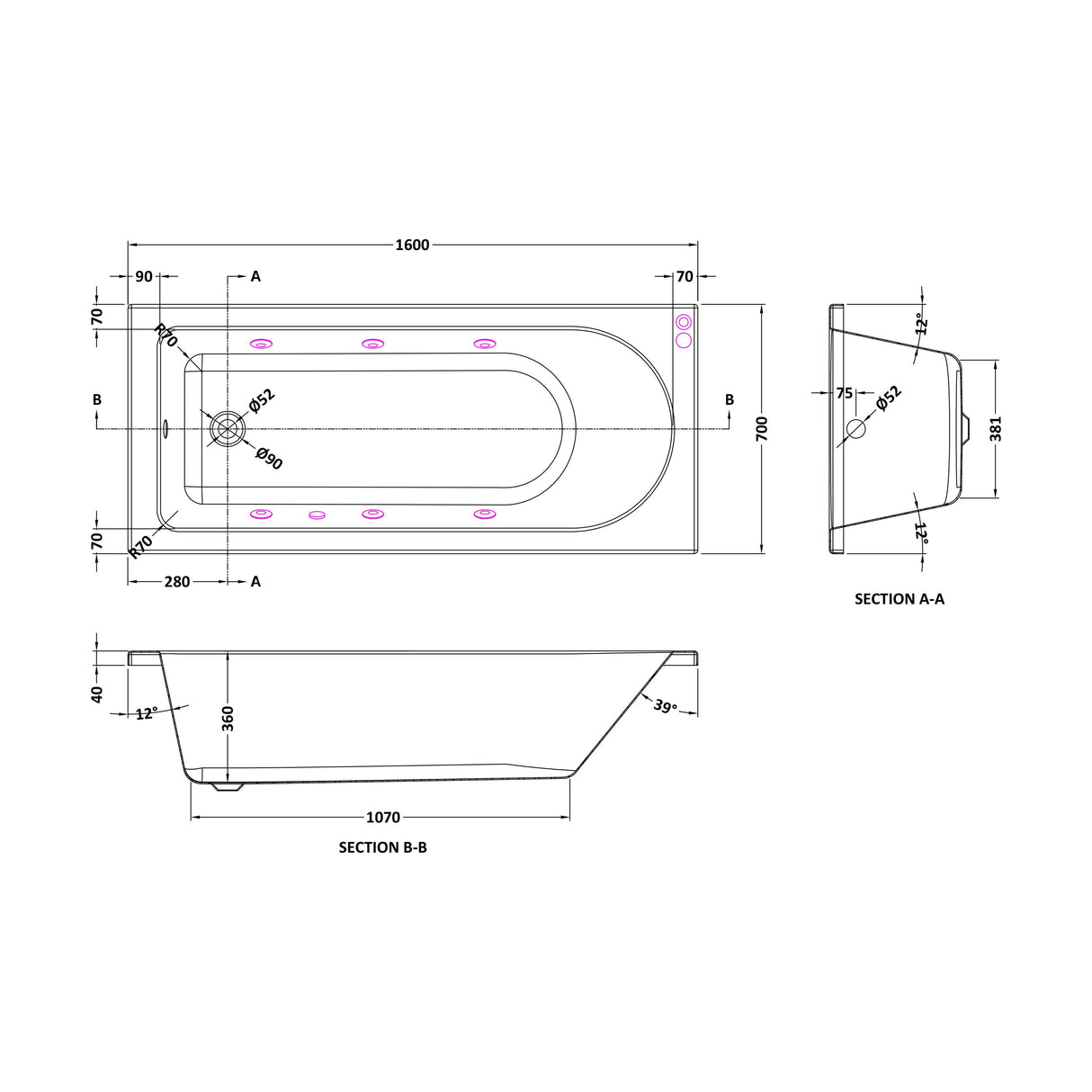 [BBA607-J6] Balterley Modern Round Single Ended Straight Whirlpool Bath with 6 Chrome Jets and Leg Set, 1600 x 700mm - Technical Drawing