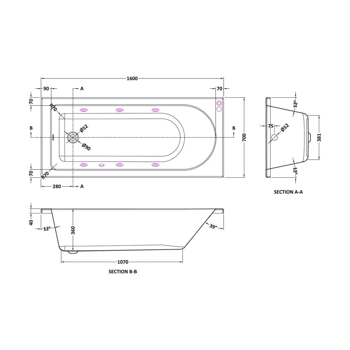 [BBA607-J6] Balterley Round Single Ended Straight Whirlpool Bath, 6 Chrome Jets and Leg Set, Choice of Size - Technical Drawing