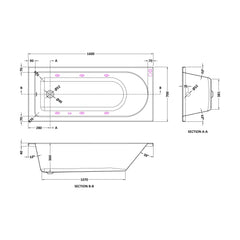 [BBA607-J6] Balterley Round Single Ended Straight Whirlpool Bath, 6 Chrome Jets and Leg Set, Choice of Size - Technical Drawing