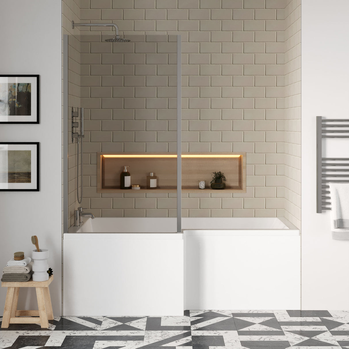 [BBATH06] Balterley 1700 mm Right Hand L Shape Square Shower Bath with Glass Screen & Matching Front Panel Modern White Design - Lifestyle 1
