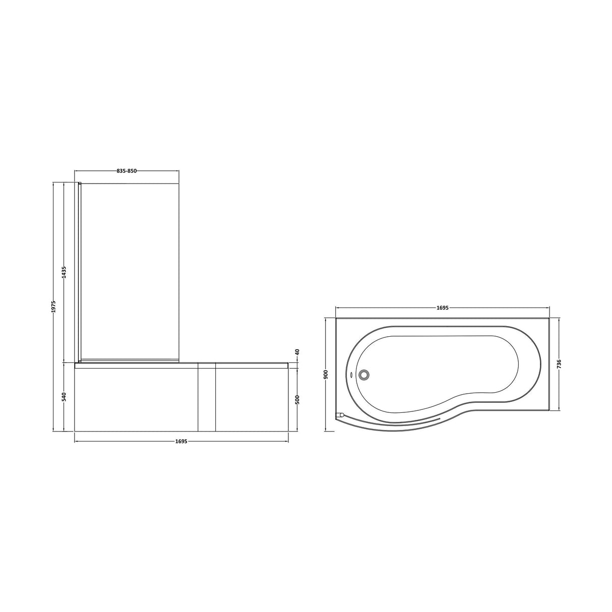 [BBATH07] Balterley 1700 mm Left Hand B Shape Shower Bath Bundle & Tub, Curved 6 mm Safety Glass Screen & Matching Front Panel, Gloss White - Technical Drawing