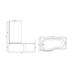 [BBATH07] Balterley 1700 mm Left Hand B Shape Shower Bath Bundle & Tub, Curved 6 mm Safety Glass Screen & Matching Front Panel, Gloss White - Technical Drawing