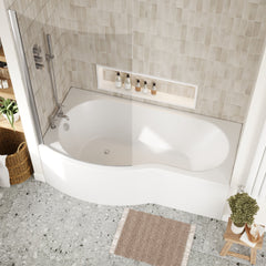 [BBATH07] Balterley 1700 mm Left Hand B Shape Shower Bath Bundle & Tub, Curved 6 mm Safety Glass Screen & Matching Front Panel, Gloss White - Lifestyle 2