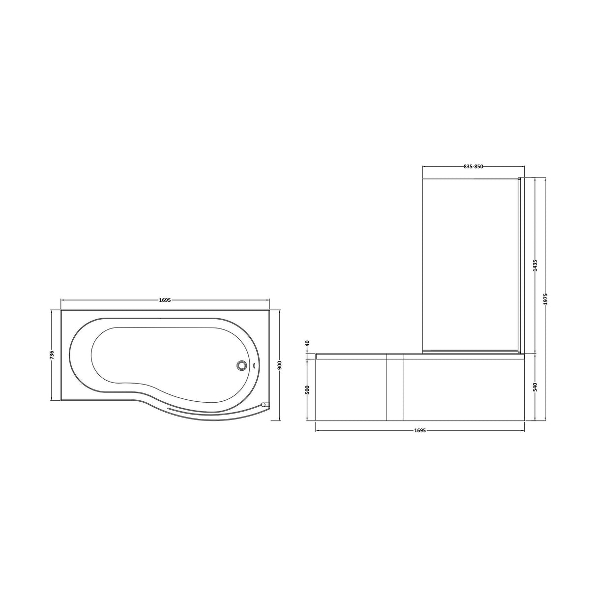 [BBATH08] Balterley 1700 mm Right Hand B Shape Shower Bath Bundle & Tub, Curved 6 mm Safety Glass Screen & Matching Front Panel, Gloss White - Technical Drawing