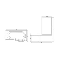 [BBATH08] Balterley 1700 mm Right Hand B Shape Shower Bath Bundle & Tub, Curved 6 mm Safety Glass Screen & Matching Front Panel, Gloss White - Technical Drawing