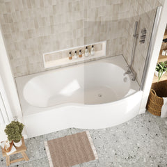 [BBATH08] Balterley 1700 mm Right Hand B Shape Shower Bath Bundle & Tub, Curved 6 mm Safety Glass Screen & Matching Front Panel, Gloss White - Lifestyle 2