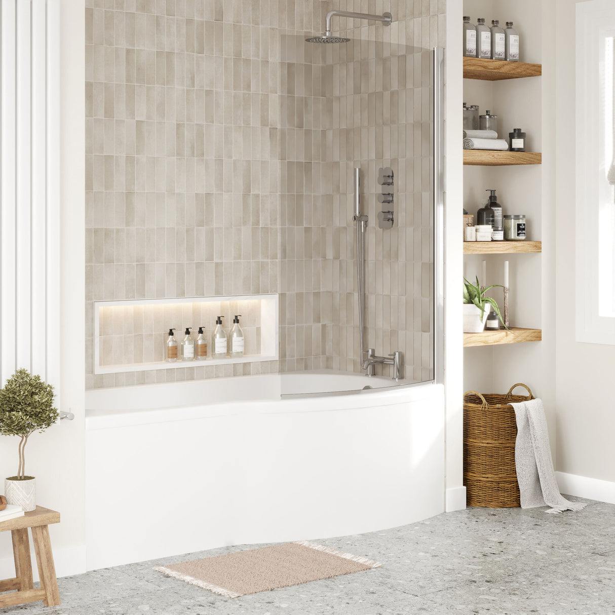 [BBATH08] Balterley 1700 mm Right Hand B Shape Shower Bath Bundle & Tub, Curved 6 mm Safety Glass Screen & Matching Front Panel, Gloss White - Lifestyle 3