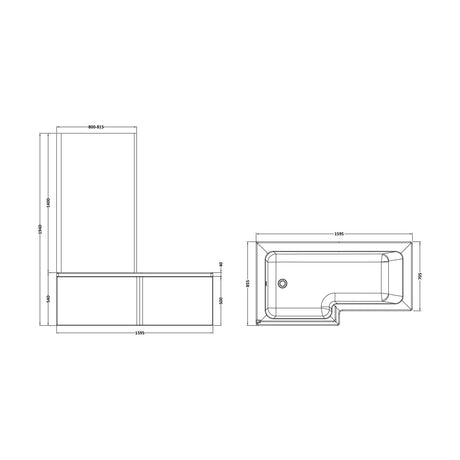 [BBATH13] Balterley 1600mm Left-Hand Square Shower Bath And Panel Set - Technical Drawing