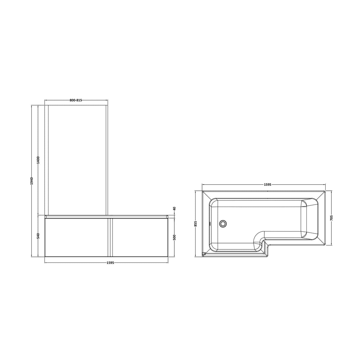 [BBATH13] Balterley L Shaped Square Shower Bath with Front Panel and Bath Shower Screen, Choice of Orientation and Size - Technical Drawing