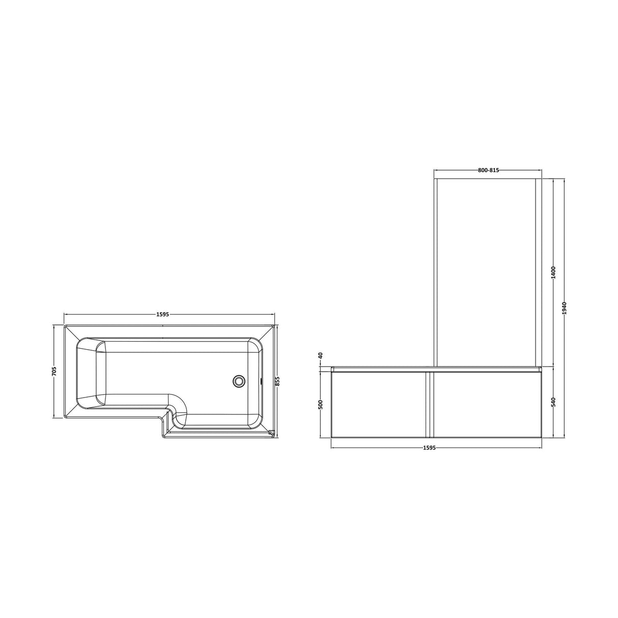[BBATH14] Balterley 1600mm Right-Hand Square Shower Bath And Panel Set - Technical Drawing