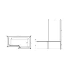 [BBATH14] Balterley 1600mm Right-Hand Square Shower Bath And Panel Set - Technical Drawing